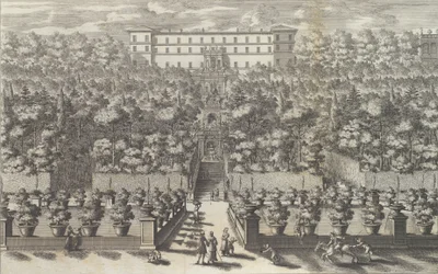 Veduta van het Palazzo vanaf de Tuin met zijn Fonteinen