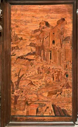 Genua, Duomo (Sint-Laurenskathedraal), binnen, apsis, koor, noordzijde: "Mozes gered uit het water", houtintarsia door Giovanni Francesco Zambelli (16e eeuw)