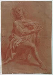 Tekening, Knielende man, voor een Aanbidding van de Herders, 1601-1650