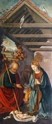 Aanbidding van het Kind, centraal paneel van drieluik met Geboorte met Heiligen Franciscus en Bartholomeus met twee schenkers