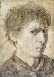Hoofd van een jonge jongen, tekening door Gian Girolamo Savoldo, zwart potlood en wit krijt, Italië