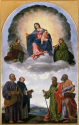 Madonna in glorie met het Christuskind, twee engelenmuzikanten, St. Peter, St. Dominic, St. Paul en St. Jerome (Pesaro Altaarstuk)