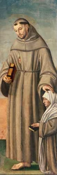 St. Franciscus en Commissaris, scharnier van drieluik die Geboorte met Heiligen Franciscus en Bartholomeus met twee donateurs afbeeldt