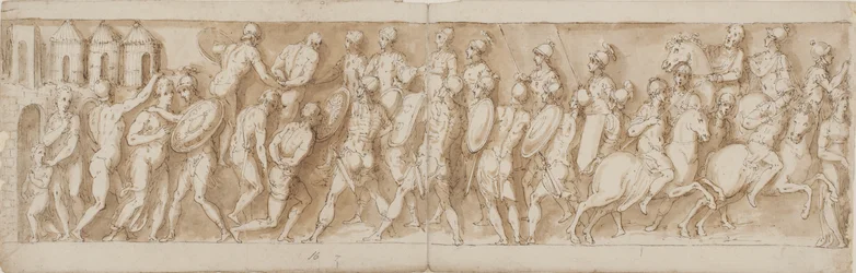 Sarmatische leiders worden bij verrassing gevangengenomen en hun huizen door de Romeinen in brand gestoken (CII); de aankomst van de legionairs en de keizer (weggelaten door Guerra) (CIII)