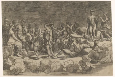 Vergadering van de Goden na de plafondcompositie in de Loggia di Psiche, Villa Farnesina..., 1527