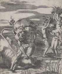 Hercules verslaat de riviergod Achelous in de vorm van een stier, met drie vrouwen