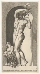 Bacchus staande in een nis, druiven houdend boven een bord, vergezeld door een kind