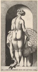 Plaat 4: Juno staand in een nis, van achteren gezien, aait een pauw rechts van haar, fr..., 1526.