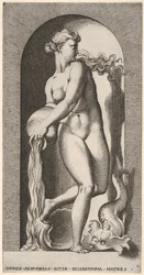 Plaat 6: Thetis staand in een nis met een schelp en zeedier, water uitgietend...