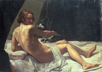 Jonge man liggend op een bed met een kat, 1620