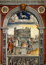 Teken van de dierenriem: “De ram” Boven medaillons met portretten van Julius Caesar en Augustus. Hieronder, legende geassocieerd met de geboorte van het sterrenbeeld dat overeenkomt met het teken: Caius Mucius Scaevola, geïntroduceerd in het vijandelijke k