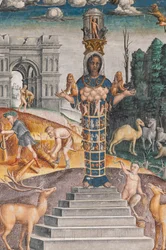 Het astrologische teken van Leeuw met Diana, twee herten en een sater zoals op een sarcofaag in het Bleinhaim Paleis; op de achtergrond de Arco degli Argentari in Rome en Hercules die vecht tegen de Nemeïsche leeuw, Kamer van de Dierenriem (Camera dello Zo