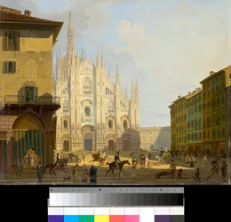 Uitzicht op Piazza Duomo in Milaan, Italië (Kathedraalplein in Milaan) Schilderij door Giovanni Migliara (1785-1837) 1828 Privécollectie