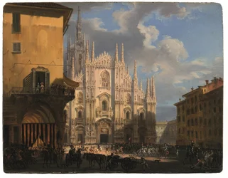 Uitzicht op Piazza Duomo met de coperto dei Figini en de isolato del Rebecchino, Milaan