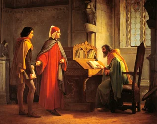Dante Alighieri presenteert Giotto aan Guido da Polenta, door Giovanni Mochi, olieverf op bord
