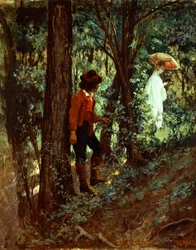 In het bos door Giovanni Mochi, olieverf op doek, 27x22 cm