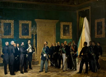 Victor Emmanuel II ontvangt Toscaanse vertegenwoordigers met het decreet van annexatie aan het Koninkrijk Italië