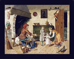 Picturale plaat met afbeelding van een cottage-interieur met moeder, twee jonge meisjes en een baby die haar eerste stapjes zet, Florence, c.1900-10