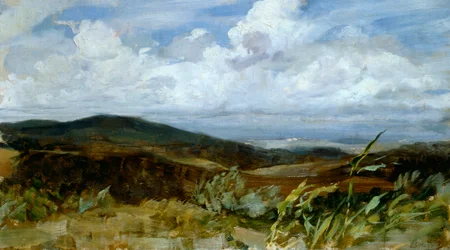 Landschap door Giovanni Muzzioli, olieverf op doek, 39x68 cm