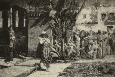 Magdalena, vrouw met tulband en processie in Midden-Oosters dorp, gravure door Cantagalli broers naar schilderij van Giovanni Muzzioli (1854-1894), Modena, Italië uit L