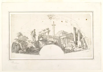 Ontwerp voor een waaier: Capriccio met Romeinse ruïnes en de Farnese Hercules