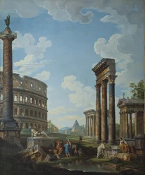 Een capriccio met figuren tussen Romeinse ruïnes inclusief de Boog van Constantijn en het Pantheon