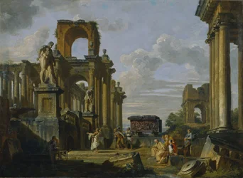 Architectonische Capriccio van het Romeinse Forum met Filosofen en Soldaten tussen Oude Ruïnes