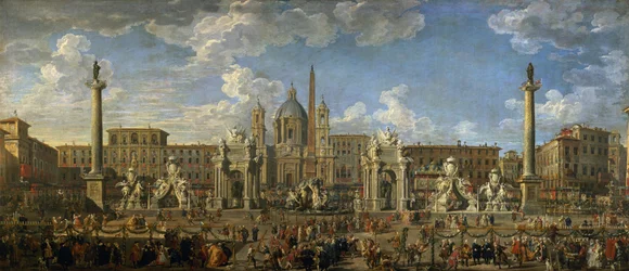 Voorbereiding voor het vuurwerk op Piazza Navona, Rome, ter viering van de geboorte van de Dauphin, 1729