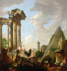 Een architectonische capriccio met een predikende apostel voor ruïnes