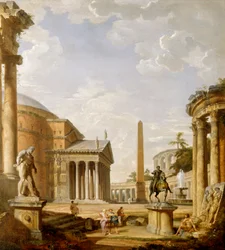 Capriccio van Romeinse ruïnes met het Pantheon