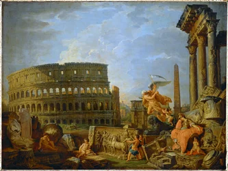 Het Colosseum en de Boog van Constantijn met de allegorie van de decadentie van het Romeinse Rijk ... (schilderij op doek)