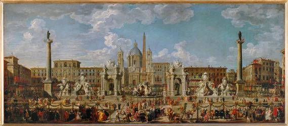 Voorbereidingen voor het vuurwerk en de versieringen voor de festiviteiten op het Piazza Navona in Rome op 30 november ...