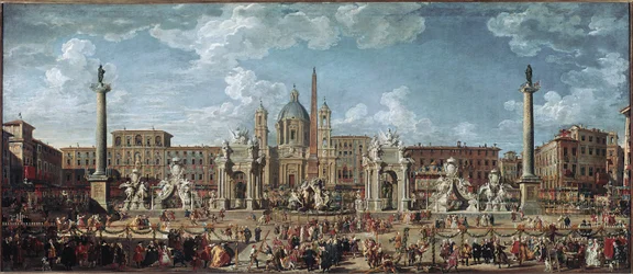 Voorbereidingen voor het vuurwerk en de versieringen van het feest in Rome ter viering van de geboorte van de dauphin van Frankrijk