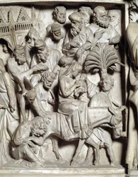 Detail van de reliëfs van de Stoel gemaakt door Giovanni Pisano (1248-1314): Detail van de reliëfs van de marmeren preekstoel, vlucht naar Egypte