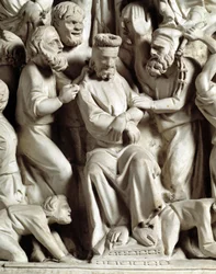 Detail van de reliëfs van de stoel door Giovanni Pisano: Jezus bespot (detail)