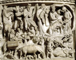 Detail van de reliëfs van de preekstoel gerealiseerd door Giovanni Pisano (1248-1314): de reis en de aanbidding van de wijzen (Detail van de reliëfs van de marmeren preekstoel, de reis en de aanbidding van de wijzen) 1302-1311 Kathedraal van Pisa (Duomo di