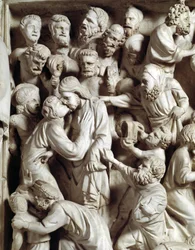 Detail van de reliëfs van de stoel door Giovanni Pisano: de kus van Judas (detail)