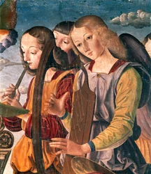 Engelen met instrumenten, detail van Heilige Conversatie met Madonna en Kind op de troon met schenker en heiligen