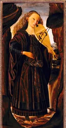 De Muze Terpsichore, ca. 1480, door Giovanni Santi (1430 of 1440-1494), hout, cm 82x39. Italië