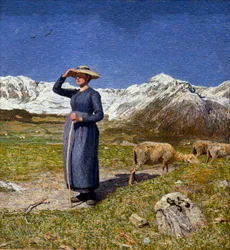 Middag in de Alpen. Een herderin beschermt haar ogen tegen de zon. Schilderij van Giovanni Segantini (1858-1899), 1891, 7,5 x 71,57 cm, collectie O. Fischebacher