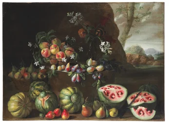 Watermeloenen, perziken, peren en ander fruit in een landschap