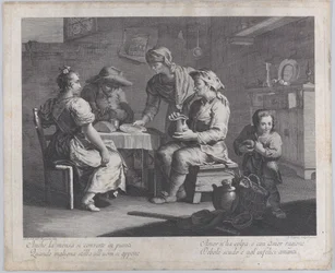 Drie mensen zittend rond een tafel links terwijl een man een leeg bord brengt...