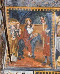 Verhalen van Christus: Intocht van Jezus in Jeruzalem begroet met palmbladeren