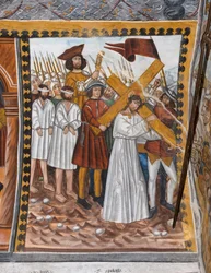 Verhalen van de Passie van Christus: Jezus gaat naar Calvarie met het kruis en wordt geholpen door Cyrenaeus