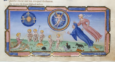 Dante en Beatrice getuigen de sferen en kruisen, de sferen van de hemelen met liefde, een vissende zeemeermin, en wezens in de zee van het zijn, uit Paradiso in 