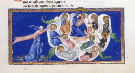 Dante en Beatrice voor de Maagd en het Kind, die binnen de Hemelse Roos zitten, omringd door verschillende heiligen, uit Paradiso in 