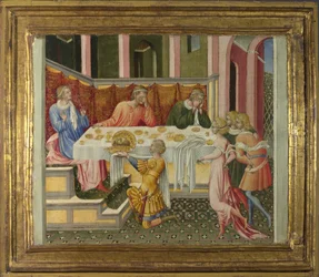 Het hoofd van Johannes de Doper gebracht naar Herodes (predella paneel)