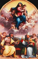 De Madonna en Kind in glorie met heiligen Petrus en Gregorius de Grote in discussie en engelen