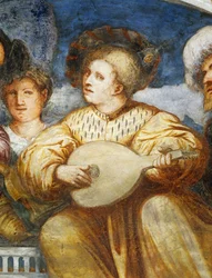 Concert, mandolinespeler tussen vrijers