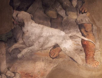 Afbeelding van hond, detail uit fresco door Girolamo Romanino, Kerk van Sint Antonius, Breno, Italië